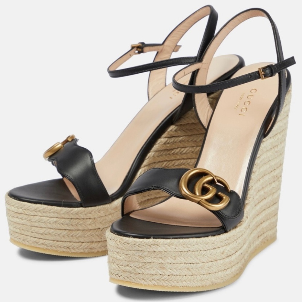 GUCCI Aitana Marmont GG logo leather platform espadrilles sandals wedges - Picture 3 of 5